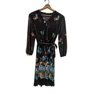 Vintage Black Semi Sheer Dress 70s 80s Poly Pleated Tie Belt L/S Tropical M/L